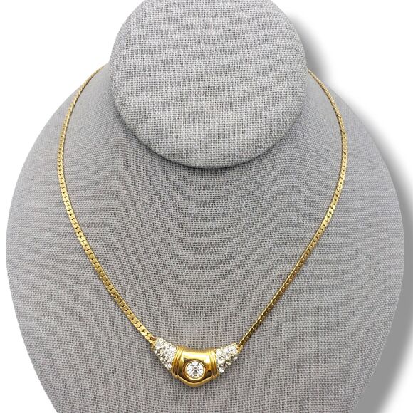 Crown Trifari Gold Tone Chain Rhinestone Center Collar Necklace Vintage Retro - Picture 1 of 11